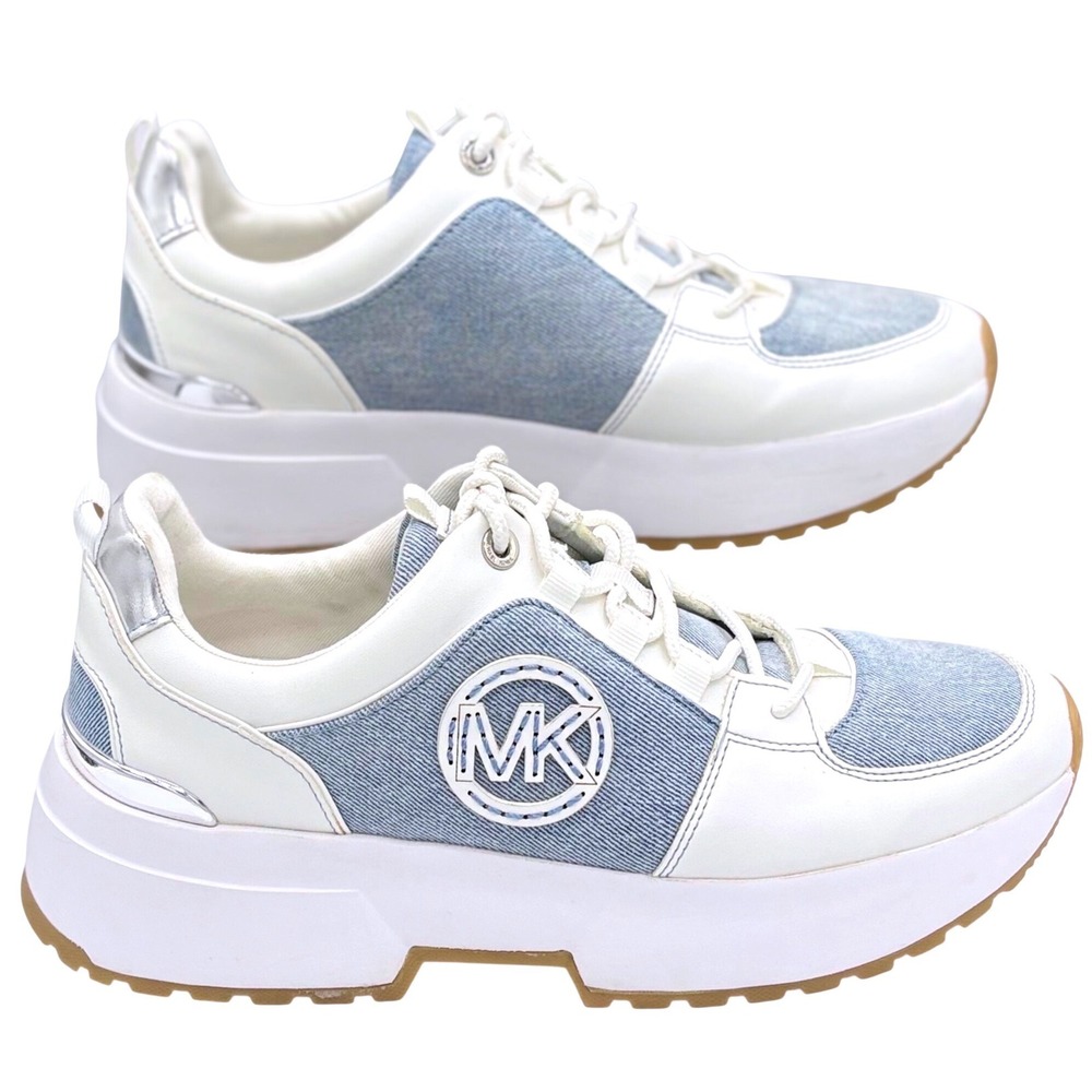 Michael Kors White and Light Blue Denim Platform Sneakers